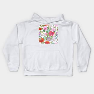 Spring various flowers and leaves watercolor botanical print. Poppies, daisy, rose flowers blossom. Different wildflowers. Kids Hoodie